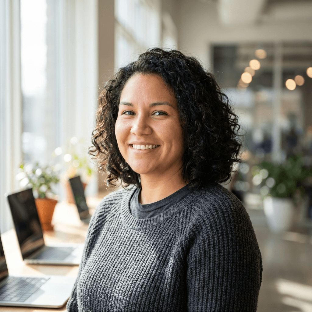 Female engineer in her early 30s, Hispanic, hard hat and work vest
