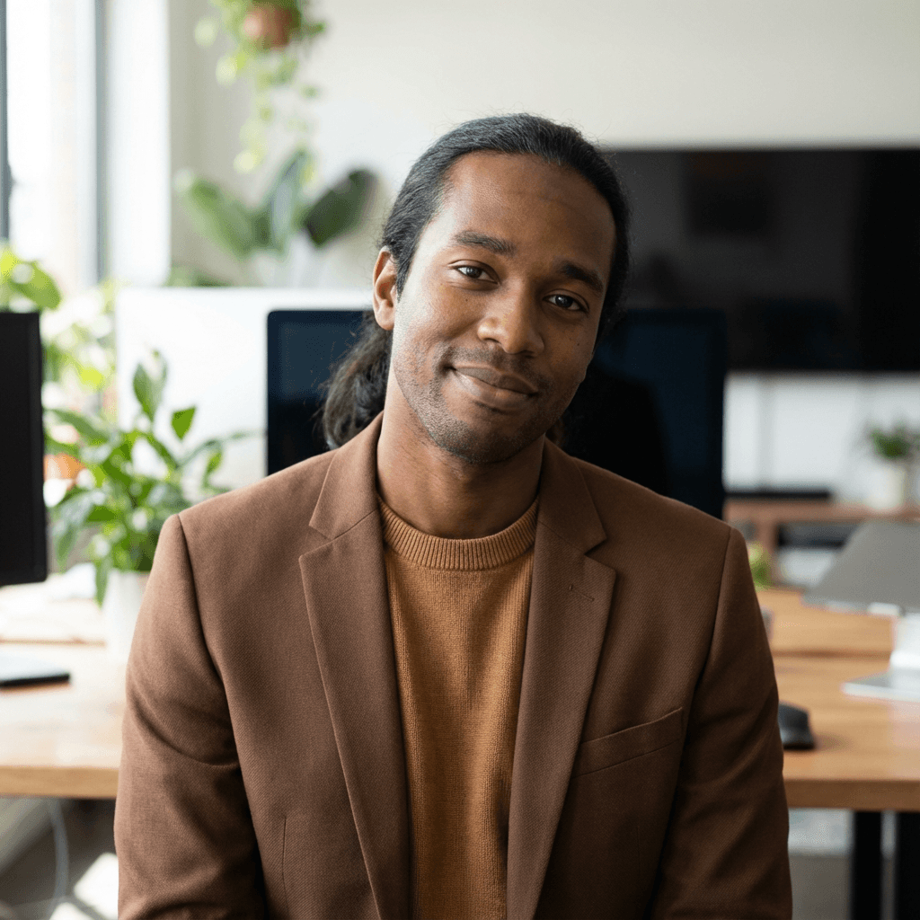 Male systems engineer in his late 30s, Black, company polo shirt