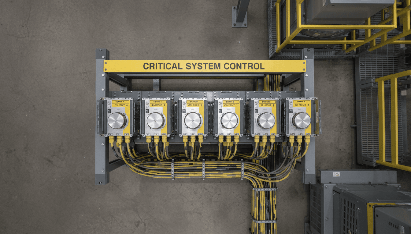 Overhead view of a ruggedized control rack with organized cabling