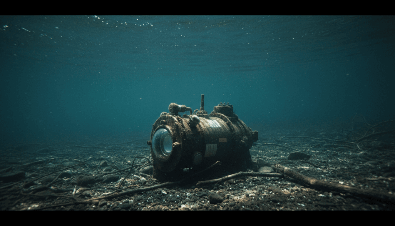 Sealed sensor pod resting on a riverbed