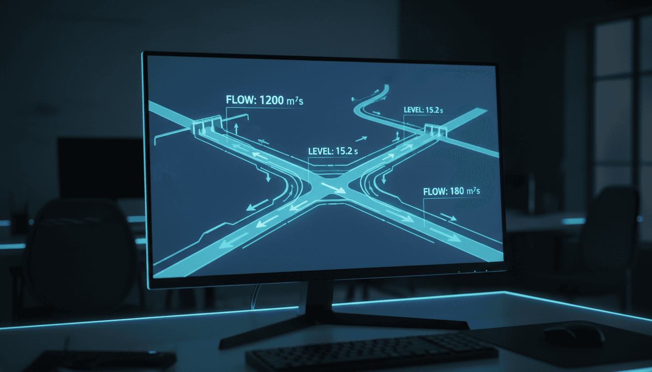 Digital twin interface showing river infrastructure flow data