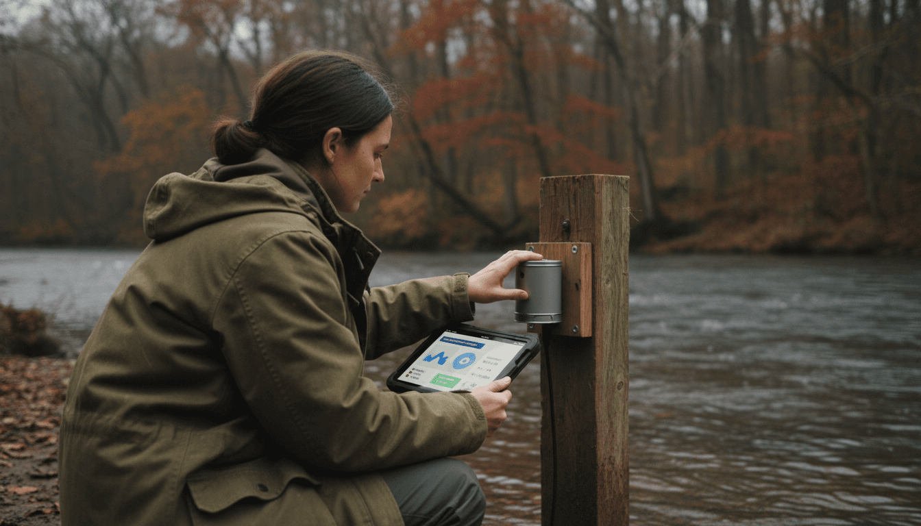 Researcher reviewing sensor data on a riverbank