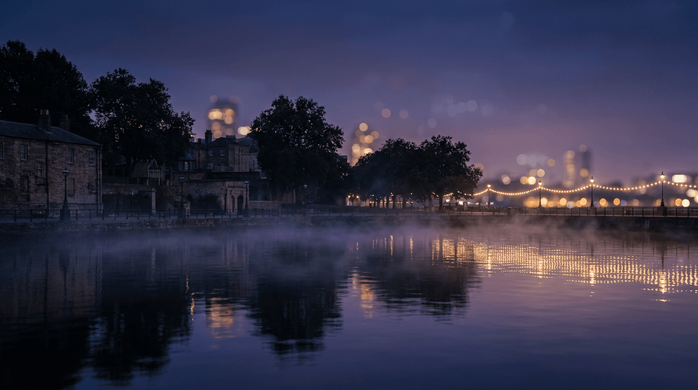 Underwater computing pod glowing in a river at dusk