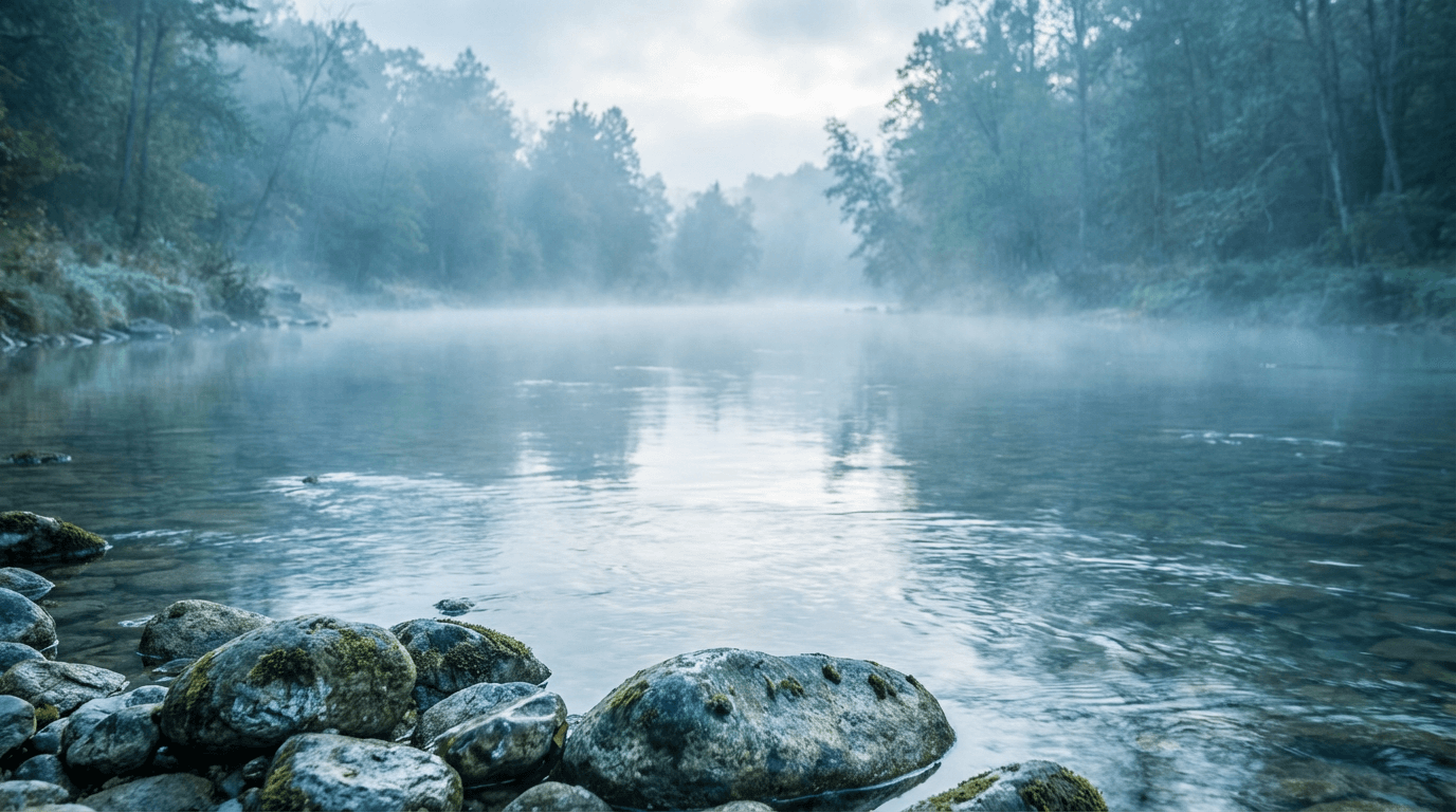 Flowing river water with soft reflections, dark moody tones