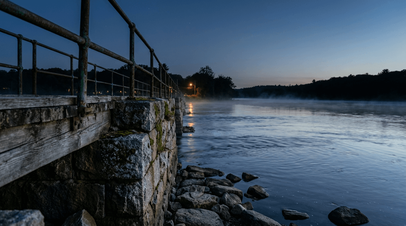 Fast-flowing river with a dark, industrial turbine structure partially submerged at dusk