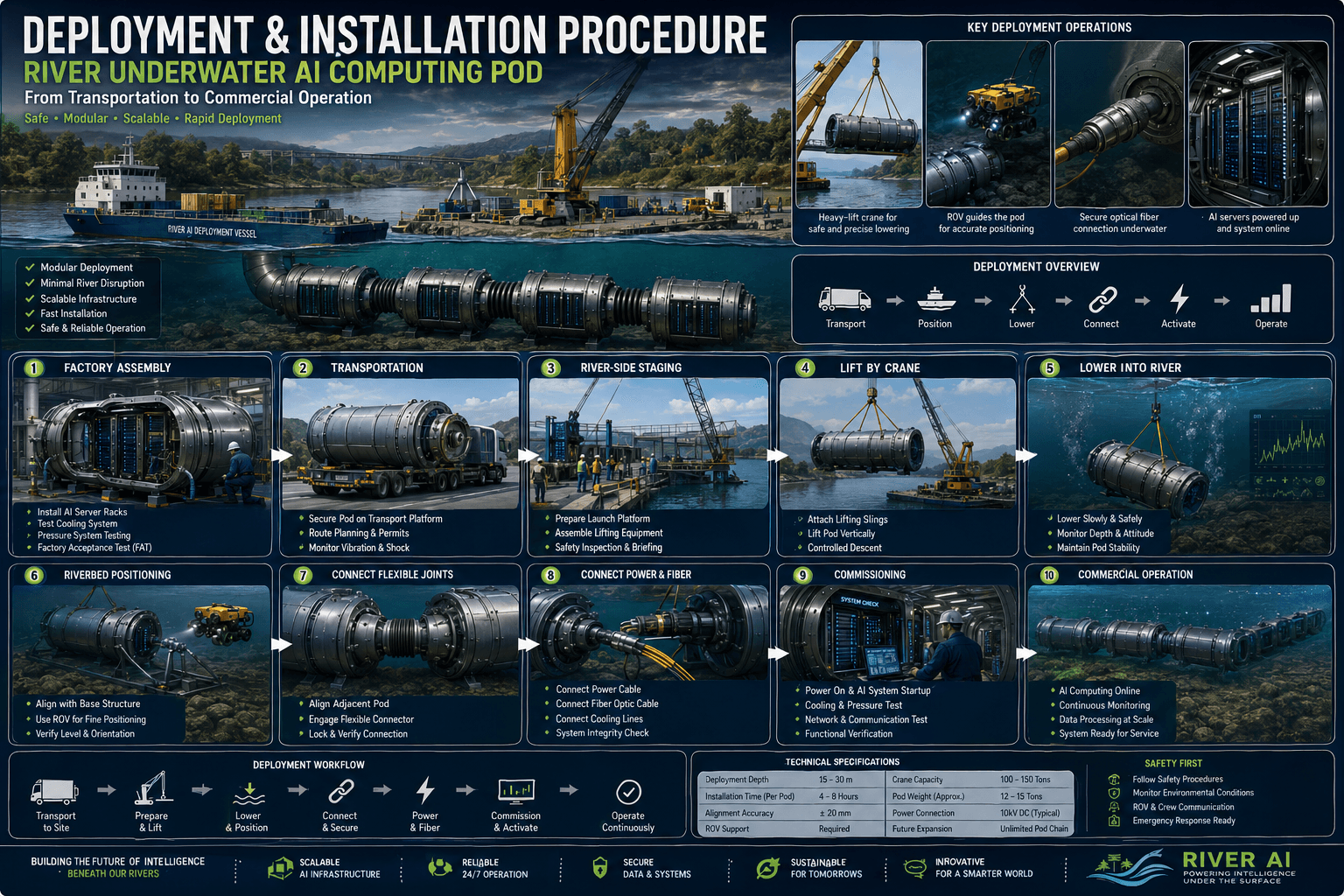 Infographic detailing the ten-step deployment and installation procedure for river underwater AI computing pods.