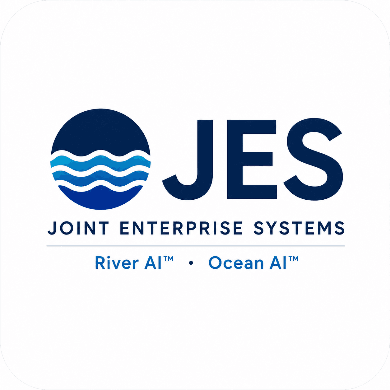 JES Joint Enterprise Systems logo with circular blue wave icon, River AI, and Ocean AI.