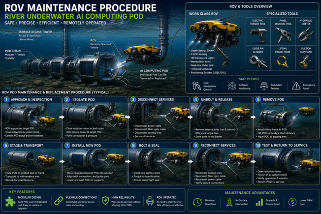 Infographic detailing a ten-step ROV maintenance procedure for replacing modular underwater AI computing pods.