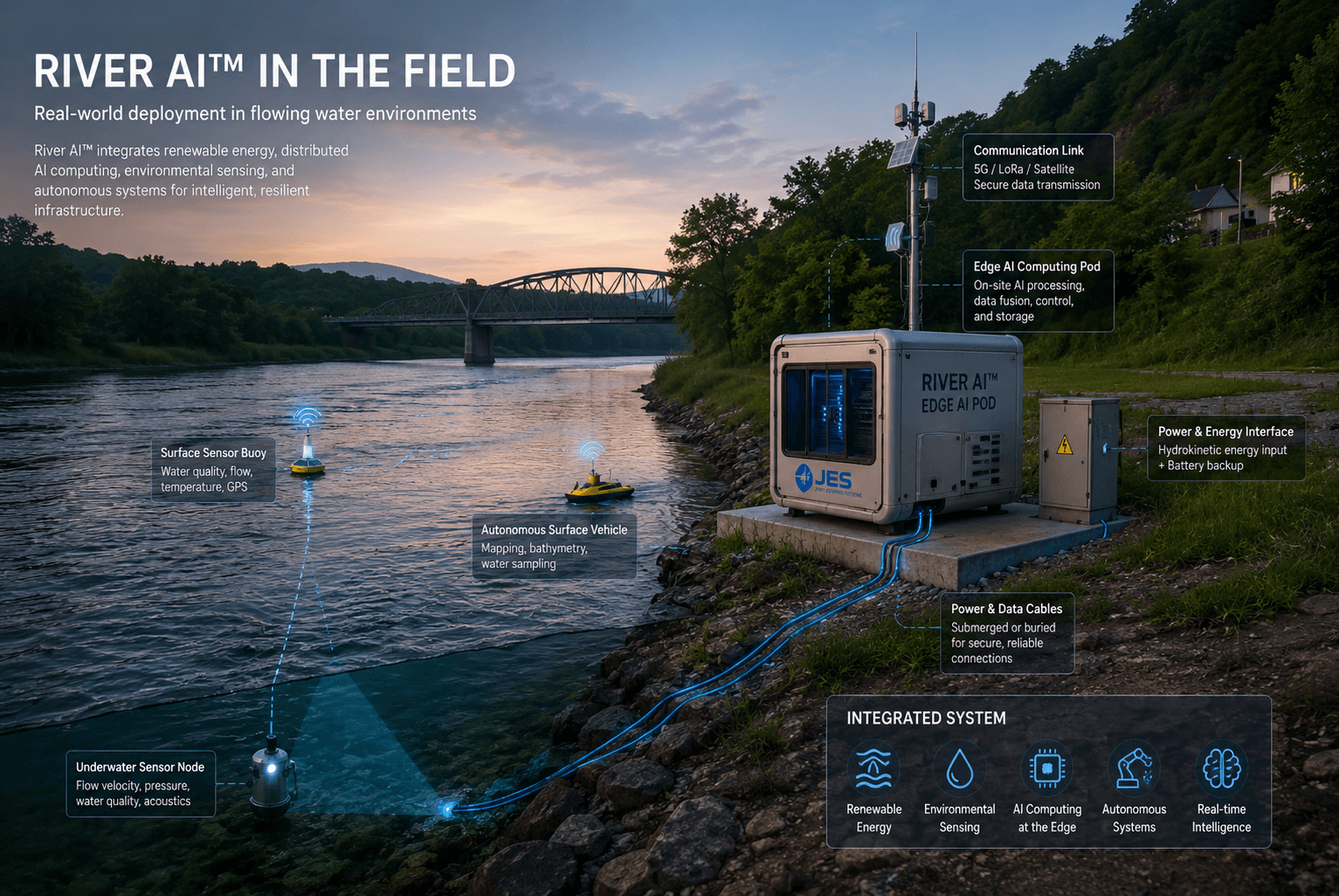 Integrated AI system for river monitoring with edge pod, sensors, and autonomous surface vehicles.