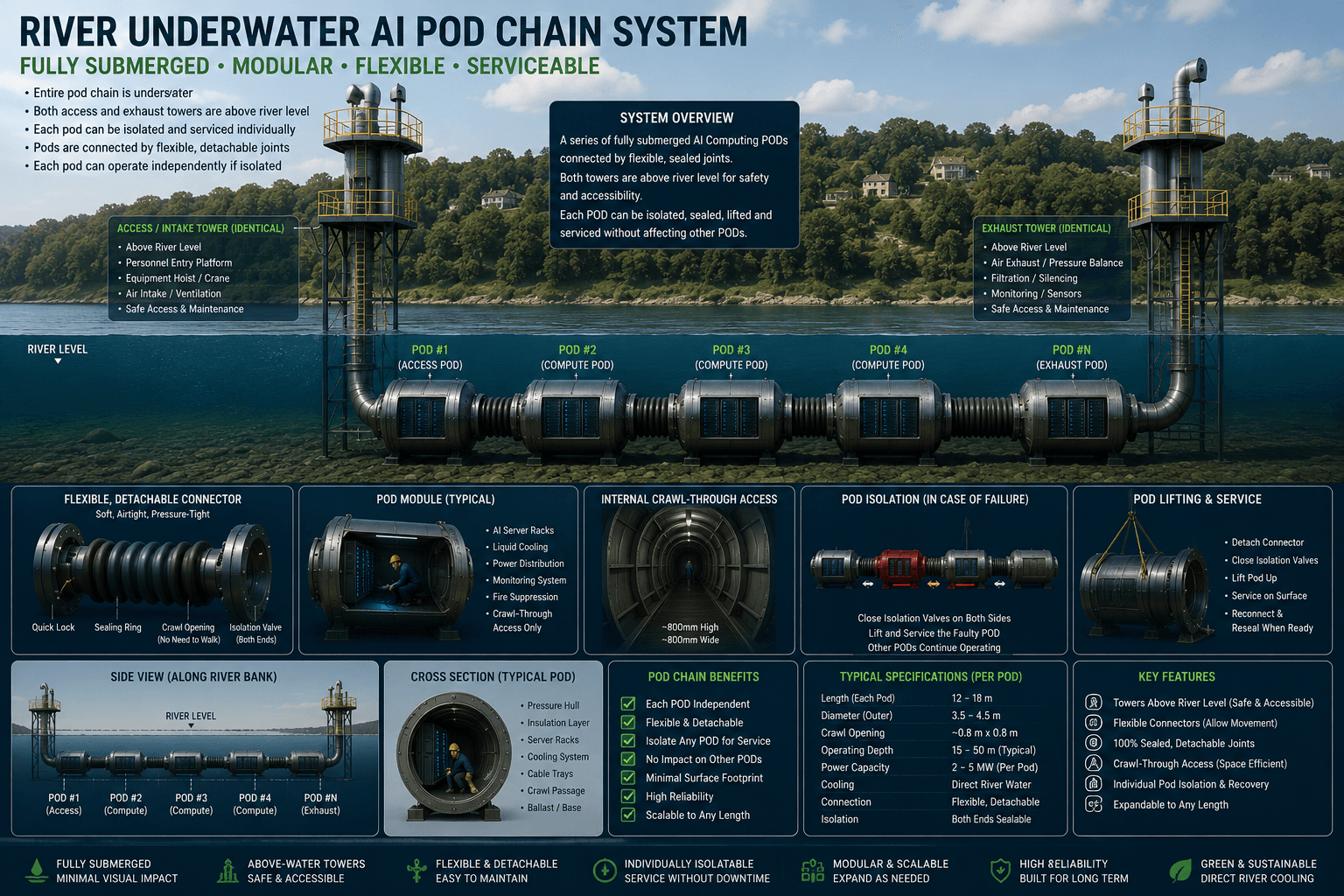 Modular submerged AI pod chain system in a river with above-water access and exhaust towers.