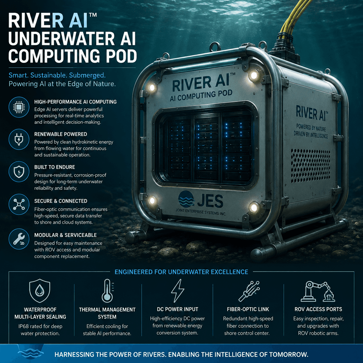 Submerged metallic AI computing pod on a riverbed with text detailing its technical features.